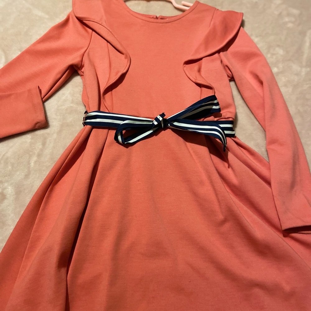 Ralph Lauren Coral Long-Sleeve Ruffle Dress with Striped Bow
